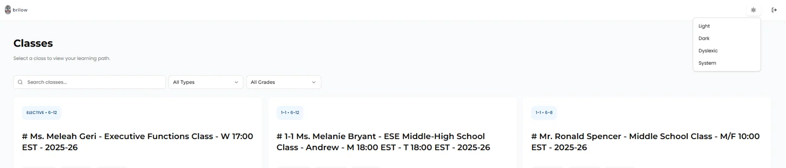 Brillow Classes view listing each class with teacher, school year, and section