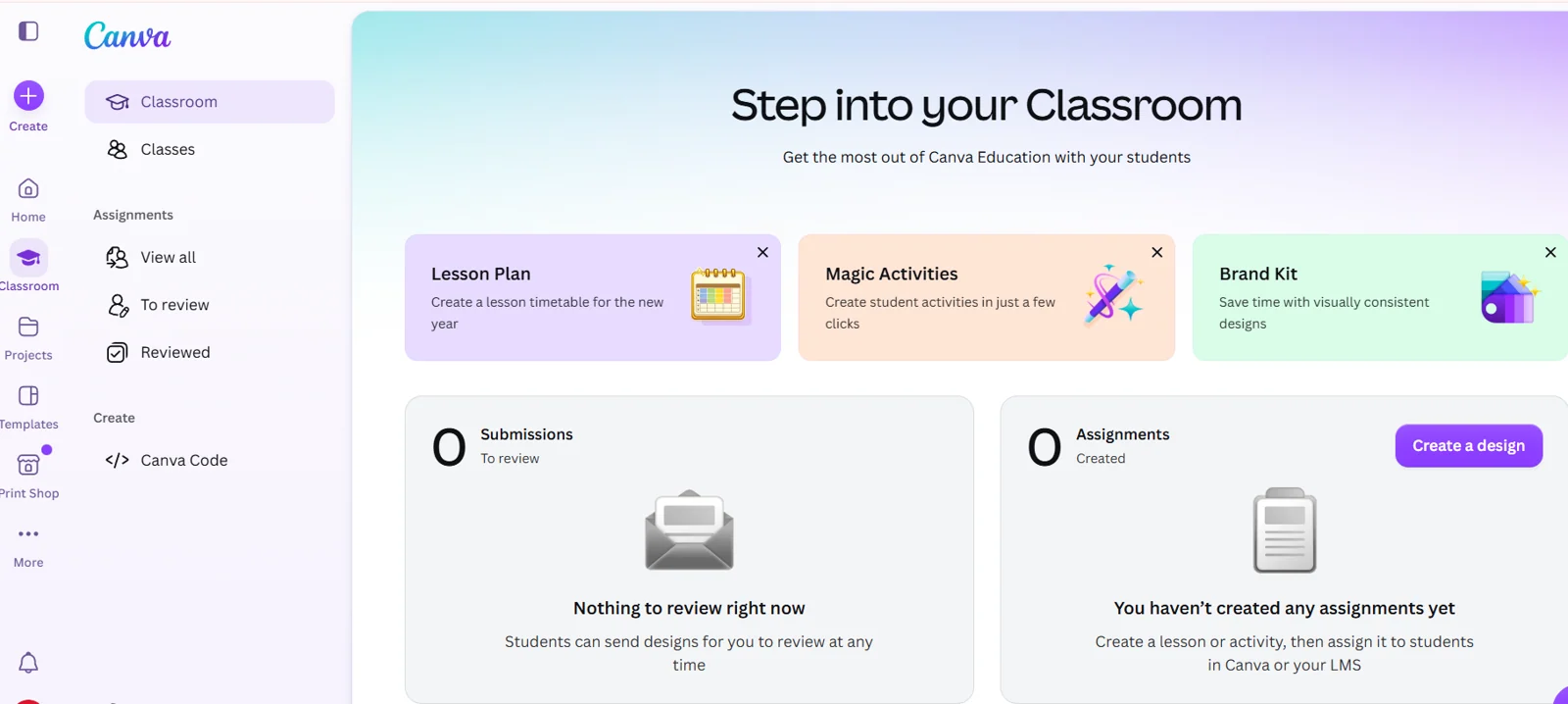 Canva for Education classroom view with lesson plans, assignments, and class materials