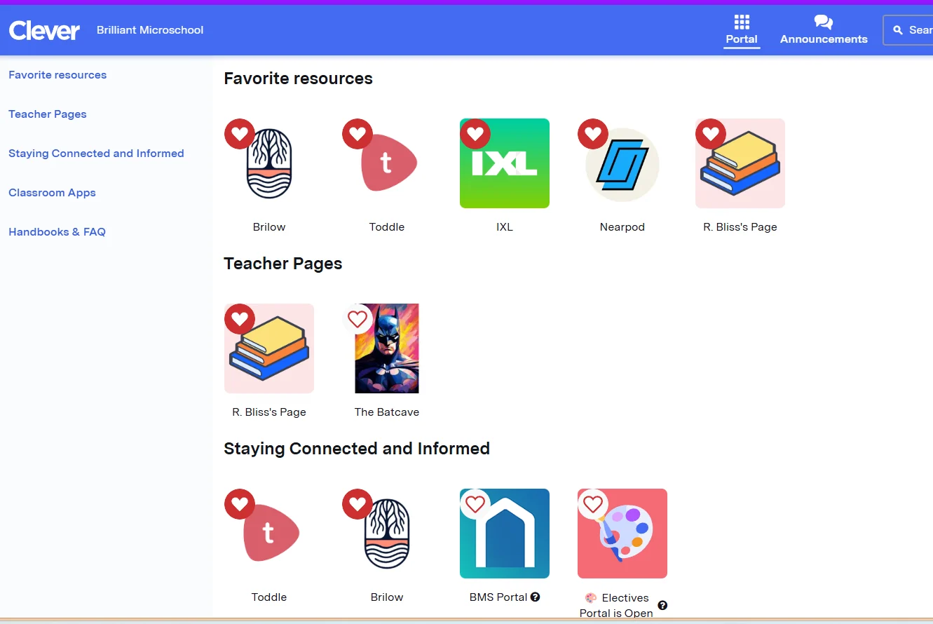 Clever favorite resources with quick links to Brillow, Toddle, IXL, Nearpod, and Blank Page